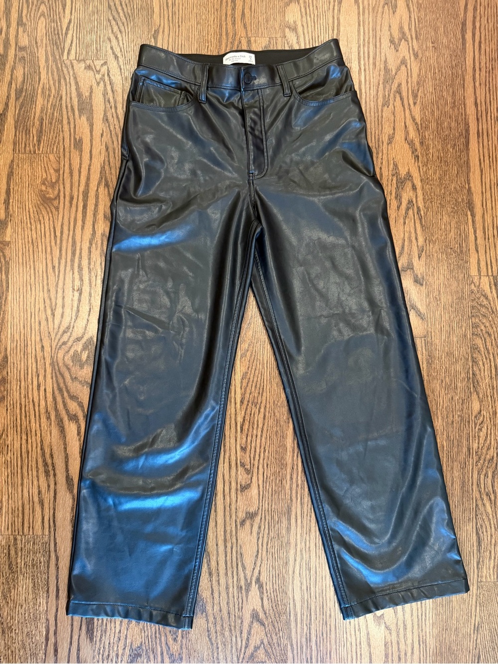 Abercrombie & Fitch Black Faux Leather Straight Crop Trousers